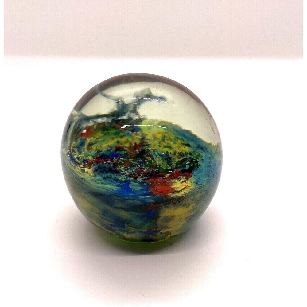 Art Glass 2” Paperweight Colorful Swirl Blue Green Handmade Studio Waves READ